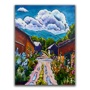 Hollyhock Lane With Summer Clouds 14x18